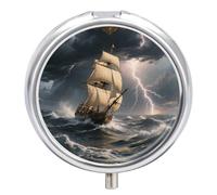Pilulier rond en métal à 3 compartiments en forme de bateau à voile dans la mer orageuse - Petit pilulier portable pour médicaments et vitamines - Pour sac à main et poche pour contenir des vitamines