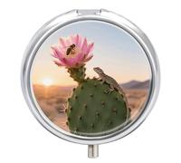 Pilulier rond en métal à 3 compartiments en forme de cactus en fleur, mini étui à médicaments de voyage portable avec miroir mignon pour sac à main de poche