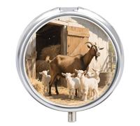Pilulier rond en métal à 3 compartiments en forme de chèvre de la ferme - Petit pilulier portable pour médicaments et vitamines - Pour sac à main et poche pour contenir des vitamines et des