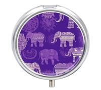 Pilulier rond en métal à 3 compartiments en forme d'éléphant violet - Petit récipient portable pour médicaments et vitamines - Pour sac à main et poche pour contenir des vitamines et des suppléments