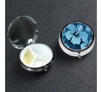 Pilulier rond en métal à 3 compartiments Motif hibiscus Bleu