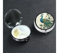 Pilulier rond en métal à 3 compartiments - Motif paon - Joli pilulier de voyage - Pour médicaments et vitamines - Cadeau unique