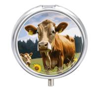 Pilulier rond en métal avec 3 compartiments en forme de vache marron