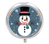 Pilulier rond en métal avec 3 compartiments - Motif bonhomme de neige - Avec inscription « Merry Christmas »