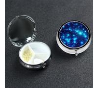 Pilulier rond en métal avec 3 compartiments - Motif étoiles brillantes - Bleu