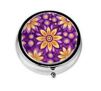Pilulier rond en métal avec 3 compartiments, motif fleurs géométriques psychédéliques pour sac à main ou poche, léger et portable pour un usage quotidien, cadeau, voyage