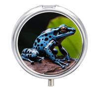 Pilulier rond en métal avec 3 compartiments - Motif grenouille - Bleu