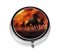 Pilulier rond en métal avec 3 compartiments pour sac à main, motif chevaux rouges, nuages rouges, petit pilulier de voyage pour contenir des compléments