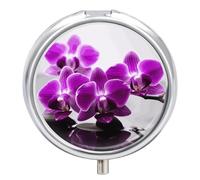 Pilulier rond en métal avec 3 compartiments - Violet - Orchidée papillon