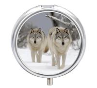 Pilulier rond en métal avec deux loups marchant dans la neige avec 3 compartiments, mini médicaments, médicaments, médicaments de voyage, support de vitamines