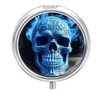 Pilulier rond en métal avec impression 3D - Motif crâne bleu - 3 compartiments - Pour sac à main