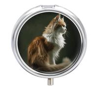 Pilulier rond en métal avec motif chat orange et blanc - 3 compartiments - Pour sac à main