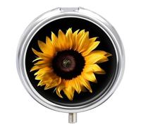 Pilulier rond en métal avec motif tournesol sur fond noir - 3 compartiments - Pour sac à main
