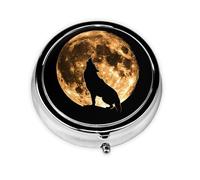 Pilulier rond en métal avec silhouette de loup et lune avec 3 compartiments, mini pilulier en métal pour sac à main ou poche, léger et portable pour un usage quotidien, cadeau de voyage