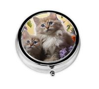 Pilulier rond en métal étanche avec imprimé fleurs de chat à 3 compartiments pour poche ou sac à main vitamine/huile de poisson/pilules/compléments