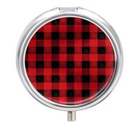 Pilulier rond et portable à carreaux de buffle rouge et noir - Petit pilulier de voyage étanche - Organiseur pour poche, sac à main et commodité quotidienne