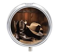 Pilulier rond et portable avec chapeau de cowboy noir et bottes occidentales - Petit pilulier de voyage étanche - Organiseur de poche et pratique au quotidien