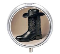 Pilulier rond et portable avec chapeau de cowboy noir et bottes occidentales - Petit pilulier de voyage étanche - Organiseur de poche et pratique au quotidien