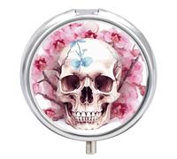 Pilulier rond et portable avec motif tête de mort humaine et fleurs roses - Organiseur de voyage pour poche et commodité quotidienne