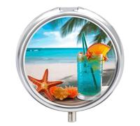 Pilulier rond et portable pour cocktail tropical avec étoile de mer et petit pilulier de voyage étanche pour poche sac à main et commodité quotidienne