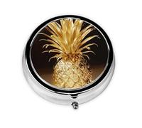 Pilulier rond imprimé ananas doré avec 3 compartiments, mini pilulier portable pour médicaments, vitamines, huile de poisson, compléments