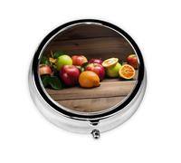 Pilulier rond imprimé fruits sur plancher en bois avec 3 compartiments, mini pilulier portable pour médicaments, vitamines, huile de poisson, compléments