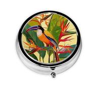 Pilulier rond imprimé oiseau de paradis tropical avec 3 compartiments, mini pilulier portable pour médicaments, vitamines, huile de poisson, compléments