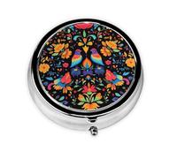 Pilulier rond mexicain ethnique oiseau fleur avec 3 compartiments, mini pilulier en métal pour sac à main ou poche, léger et portable pour un usage quotidien, cadeau, voyage