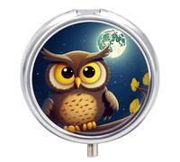 Pilulier rond mignon avec 3 compartiments - Motif hibou et lune jaune - Sac à main - Portable - Mini médicament de voyage - Pour vitamines et huiles de poisson