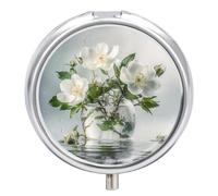 Pilulier rond mignon avec fleurs blanches et feuilles vertes - Organiseur de poche pour sac à main