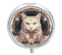 Pilulier rond mignon avec fleurs et chat blanc - Portable - Support de vitamines pour sac à main