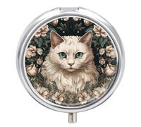 Pilulier rond mignon avec motif de chat blanc et feuille - Organiseur de comprimés et de vitamines pour sac à main