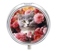 Pilulier rond mignon en forme de chat avec fleurs - Organiseur de comprimés de vitamines pour sac à main