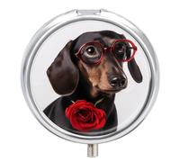 Pilulier rond mignon en forme de chien avec roses - Organiseur de comprimés de vitamines pour sac à main
