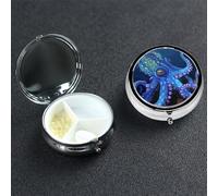 Pilulier rond portable à 3 compartiments en forme de pieuvre bleue pour poche ou sac à main, petit planificateur hebdomadaire de médicaments de voyage avec miroir décoratif en métal, porte-vitamines