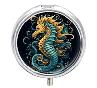 Pilulier rond portable à 3 compartiments Motif hippocampe Bleu Pour poche Sac à main Conteneur de médicaments quotidiens pour contenir des vitamines, de l'huile de poisson Cadeau de voyage