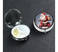 Pilulier rond portable à 3 compartiments Père Noël sur scooter pour poche ou sac à main, pilulier hebdomadaire décoratif en métal pour médicaments, vitamines, cadeau de voyage