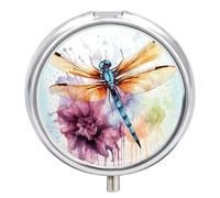 Pilulier rond portable à 3 compartiments pour peinture à l'aquarelle libellule pour poche, sac à main, médicaments, vitamines, huile de poisson, cadeau de voyage