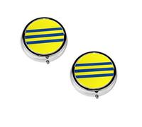 Pilulier rond portable à rayures jaunes et bleues - Organiseur de pilules rond élégant pour compartiments de voyage, cadeau pour la gestion des médicaments