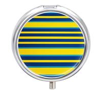Pilulier rond portable à rayures jaunes et bleues - Petit pilulier de voyage étanche - Organiseur de poche pour sac à main et commodité quotidienne