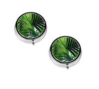 Pilulier rond portable avec feuilles vertes de palmier et plante tropicale - Organiseur de pilules rond élégant pour compartiments de voyage, cadeau pour la gestion des médicaments