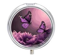 Pilulier rond portable avec fleurs 3D et papillon violet - Organiseur de voyage étanche pour poche, sac à main et commodité quotidienne