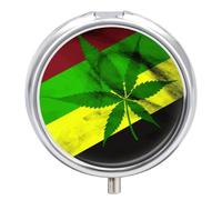Pilulier rond portable avec motif drapeau de la Jamaïque et feuilles - Étanche - Organiseur de poche pour sac à main et commodité quotidienne