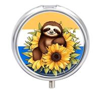 Pilulier rond portable avec motif paresseux assis sur un tournesol - Boîte à pilules de voyage étanche pour poche et commodité quotidienne