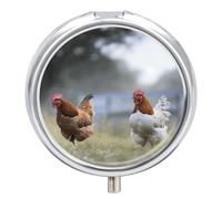 Pilulier rond portable avec motif poulet sur l'herbe - Boîte à pilules de voyage étanche - Organiseur pour poche et sac à main - Pratique au quotidien