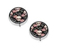 Pilulier rond portable avec motif tête de mort rose violet - Organiseur de pilules rond élégant pour compartiments de voyage, cadeau pour la gestion des médicaments