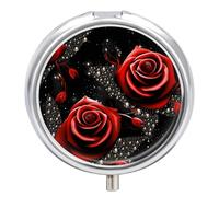 Pilulier rond portable en métal avec imprimé roses rouges et étoiles - Distributeur de pilules à trois compartiments pour poche ou sac à main