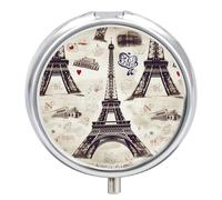Pilulier rond portable en métal avec tour Eiffel de Paris - Étanche - Boîte de rangement pour vitamines - Pour voyage ou usage quotidien