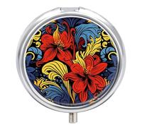 Pilulier rond portable en métal - Style rouge et jaune - Distributeur de pilules à trois compartiments pour poche ou sac à main