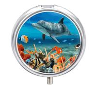 Pilulier rond portable et étanche avec motif dauphins - Bleu - Pour poche, sac à main et commodité quotidienne